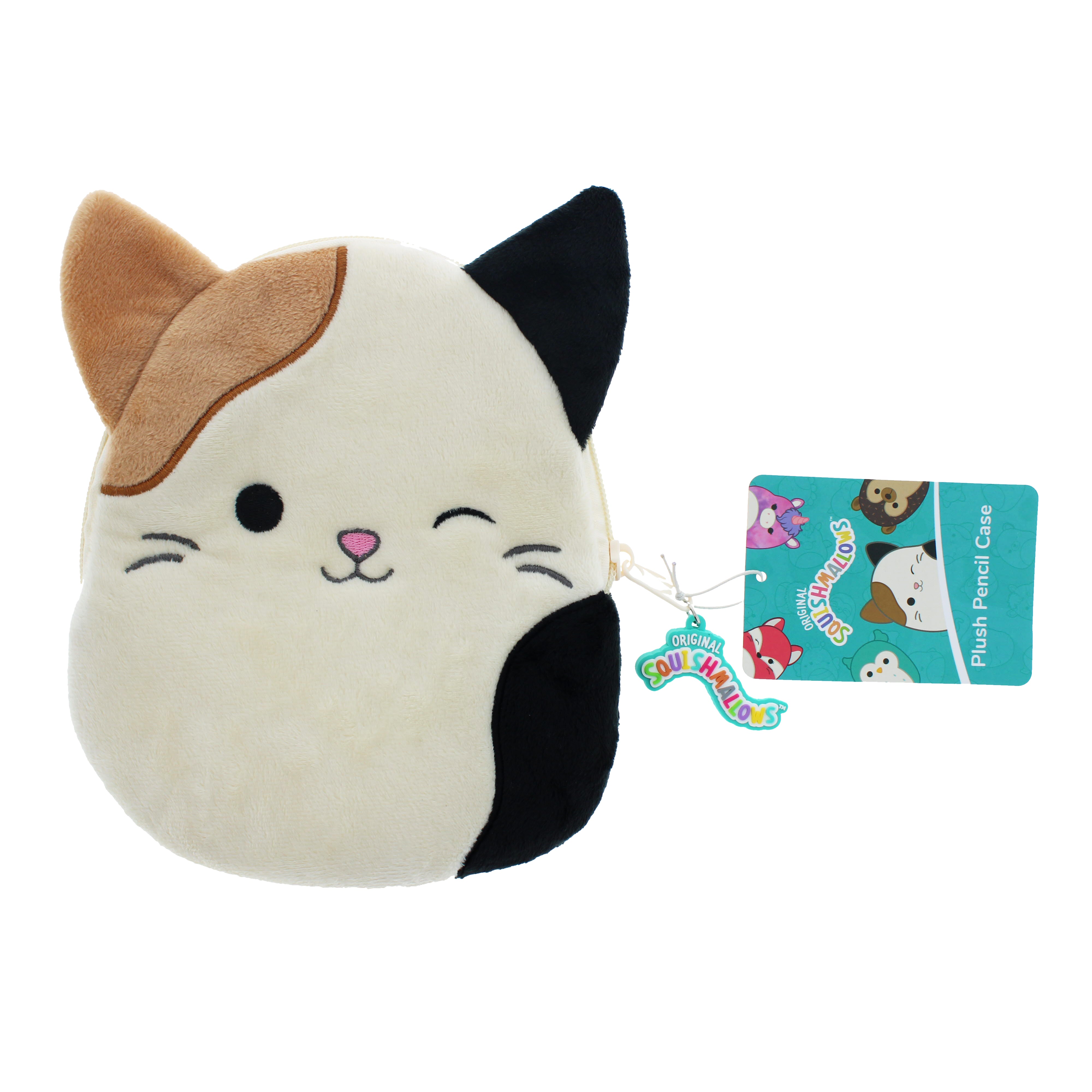 Adorable Squishmallows 3D Ears Zip - Pull Plush Pencil Case with Cam Calico Cat Design