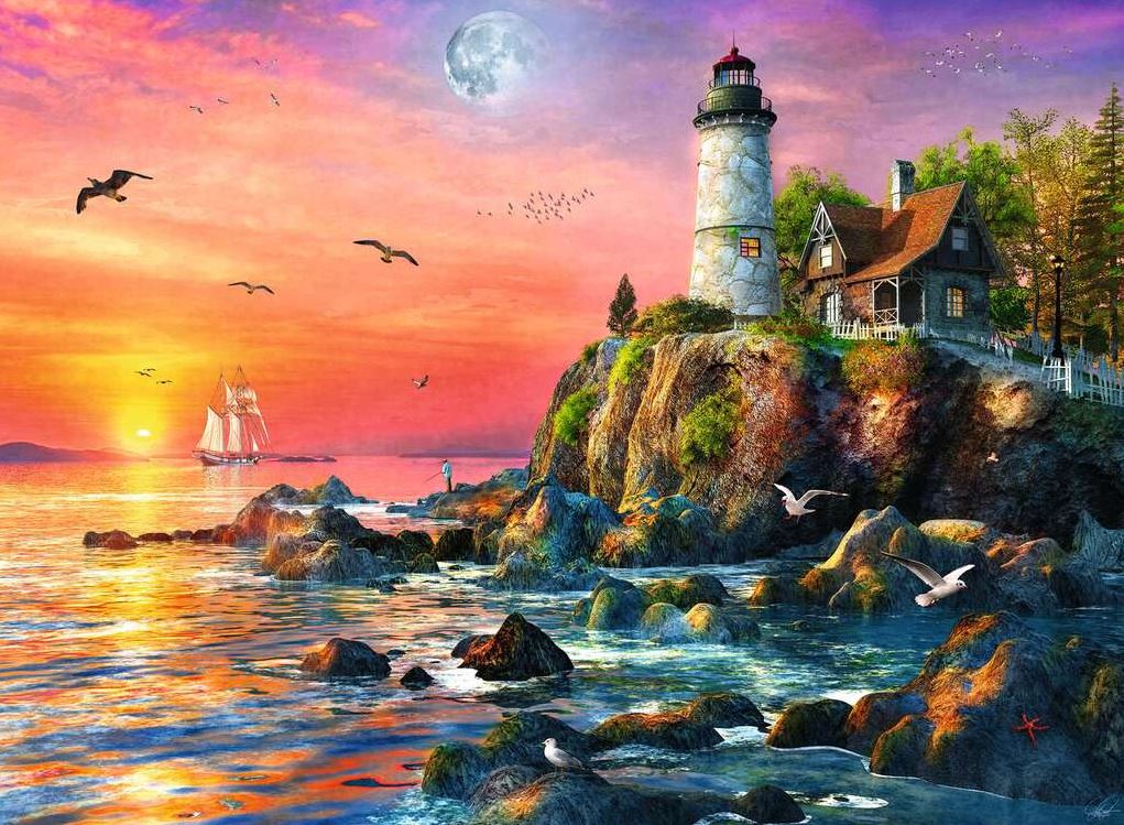 Ravensburger 500-Piece Sunset Lighthouse Coastal Puzzle