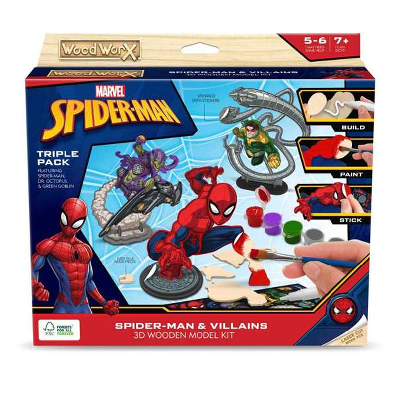 Exclusive 3D Wooden Model Kit: Colorific Wood WorX Marvel Spider - Man Vs Villains Triple Pack