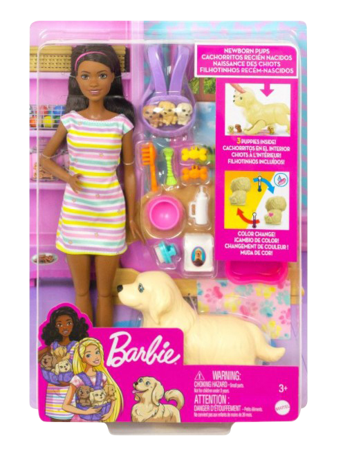 Hot! Barbie Brunette Doll & Newborn Pups Playset