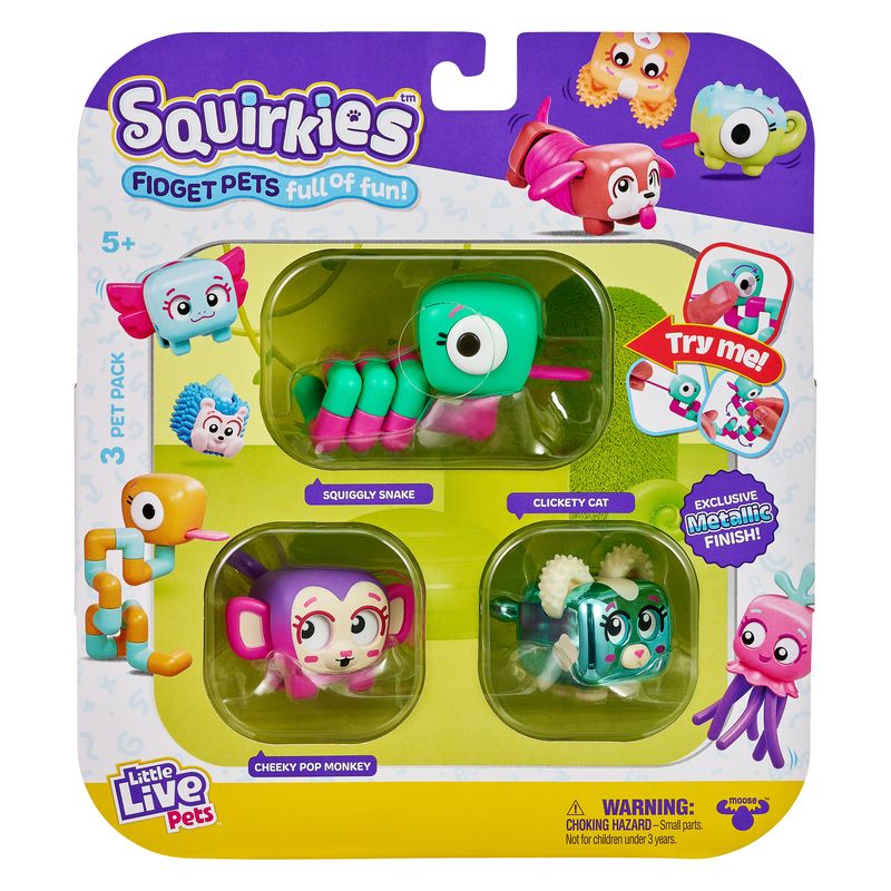Hot! Little Live Pets Squirkies Fidget Pets 3-Pack, Series 1 Metallic Clickety Cat