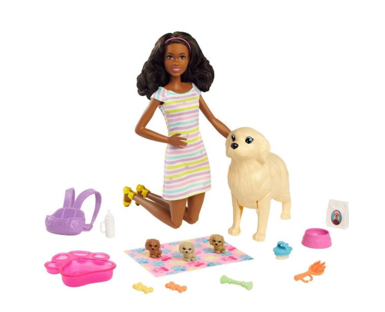 Hot! Barbie Brunette Doll & Newborn Pups Playset